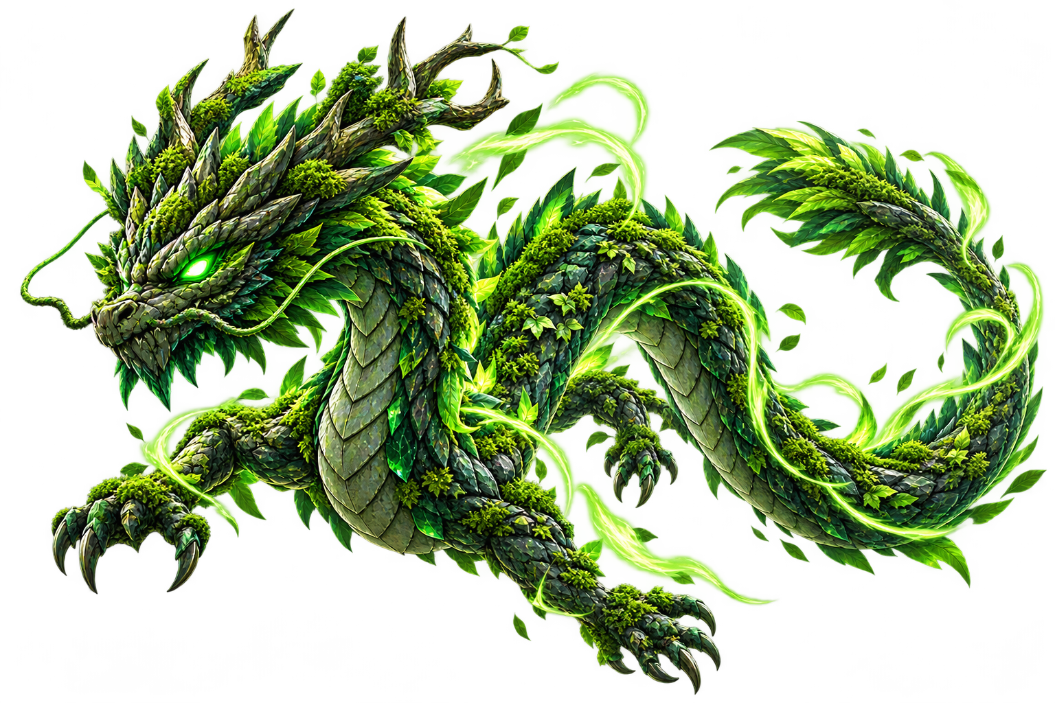 Green Forest Dragon covered with leaves and branches
